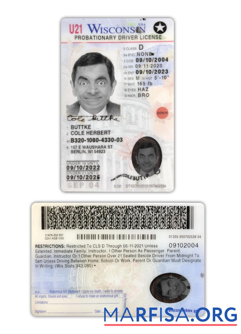 Printable USA Wisconsin under 21 driving license 2020 present sample